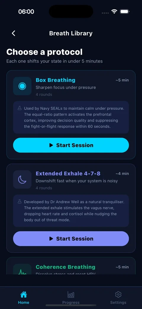 Guided breathwork protocols screen