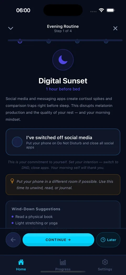 Evening wind-down routine screen