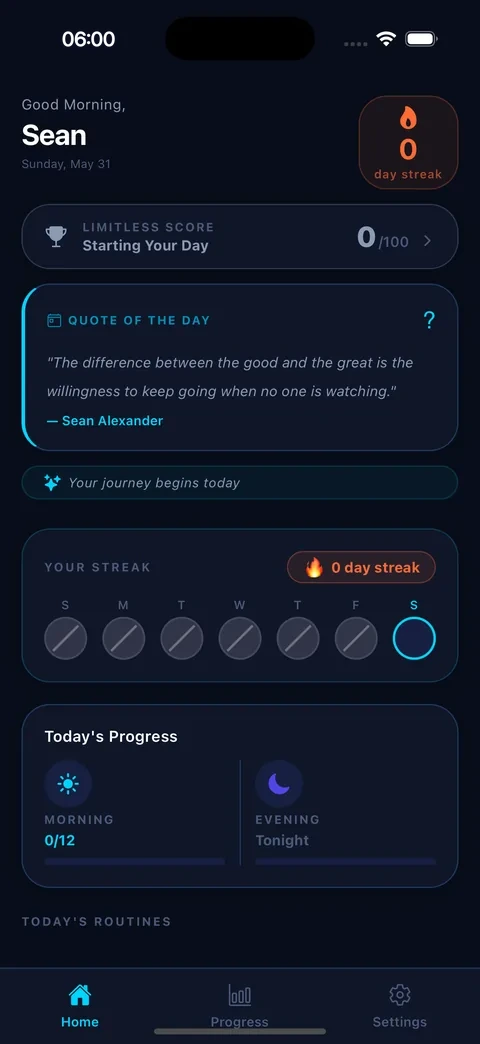 Limitless home screen showing today's routine and Limitless Score