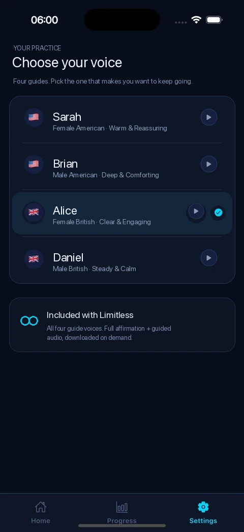 Voice picker with four AI guide voices